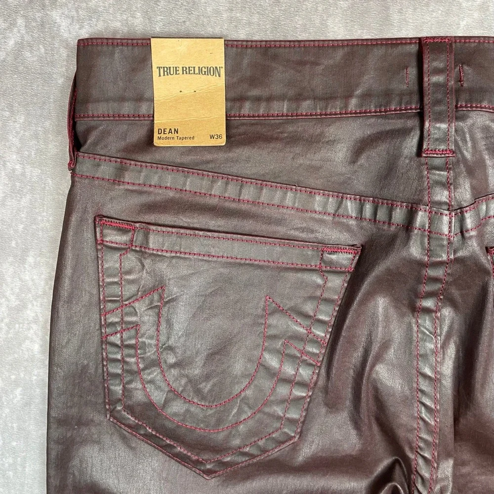 NWT True Religion Dean Modern Tapered Burgundy Jeans Mens 36x33 Waxed Denim
